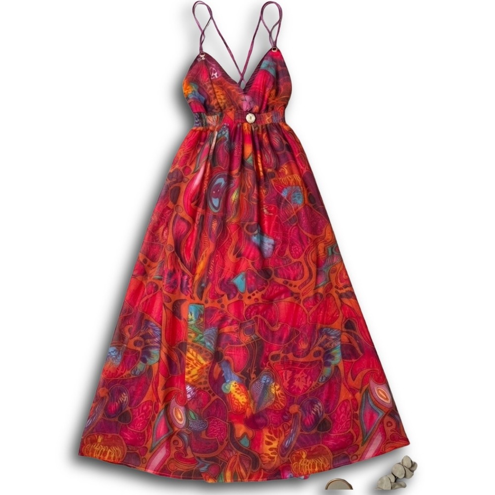 Apple Bottoms Y2K Abstract Print Maxi Dress Red Pink 3X Spaghetti Strap V-Neck